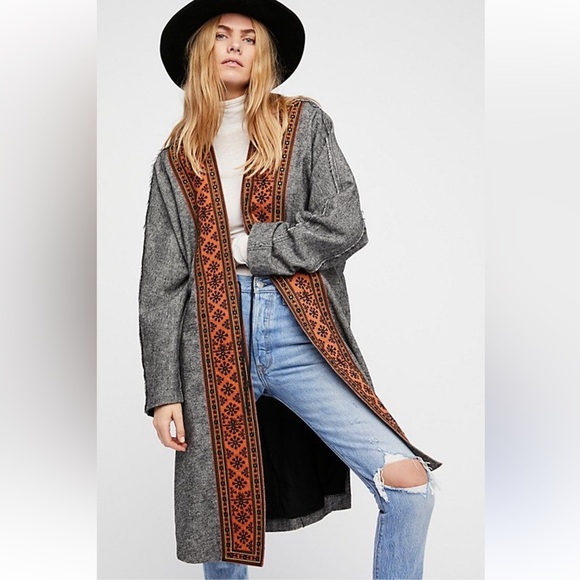 Free People Sweaters - FREE PEOPLE Gray black wool blend with orange detail duster cardigan size M